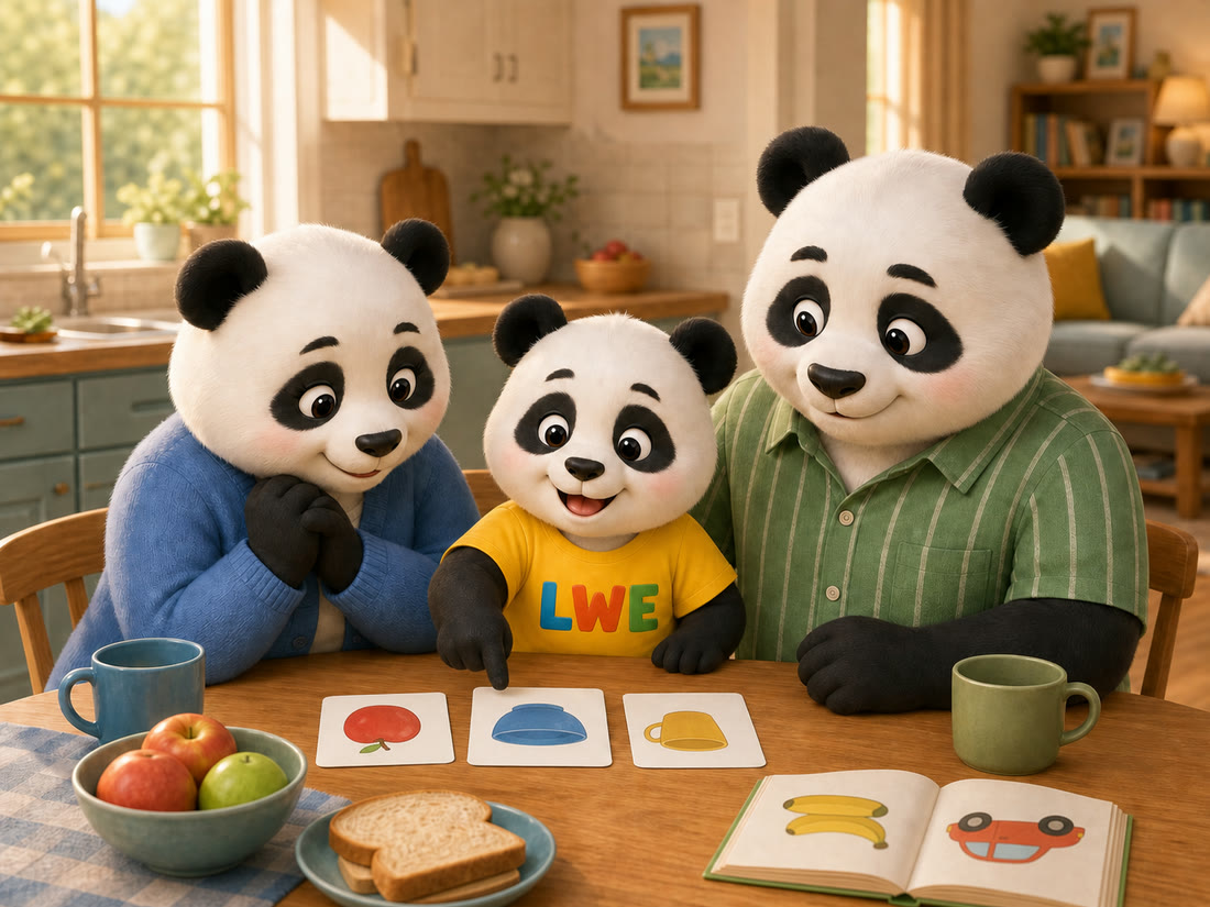 Chubi learning everyday English with his parents at the breakfast table