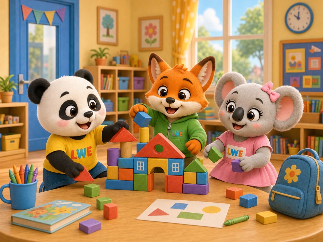 Chubi, Tin, and Mira naming shapes and colors while building with blocks at school