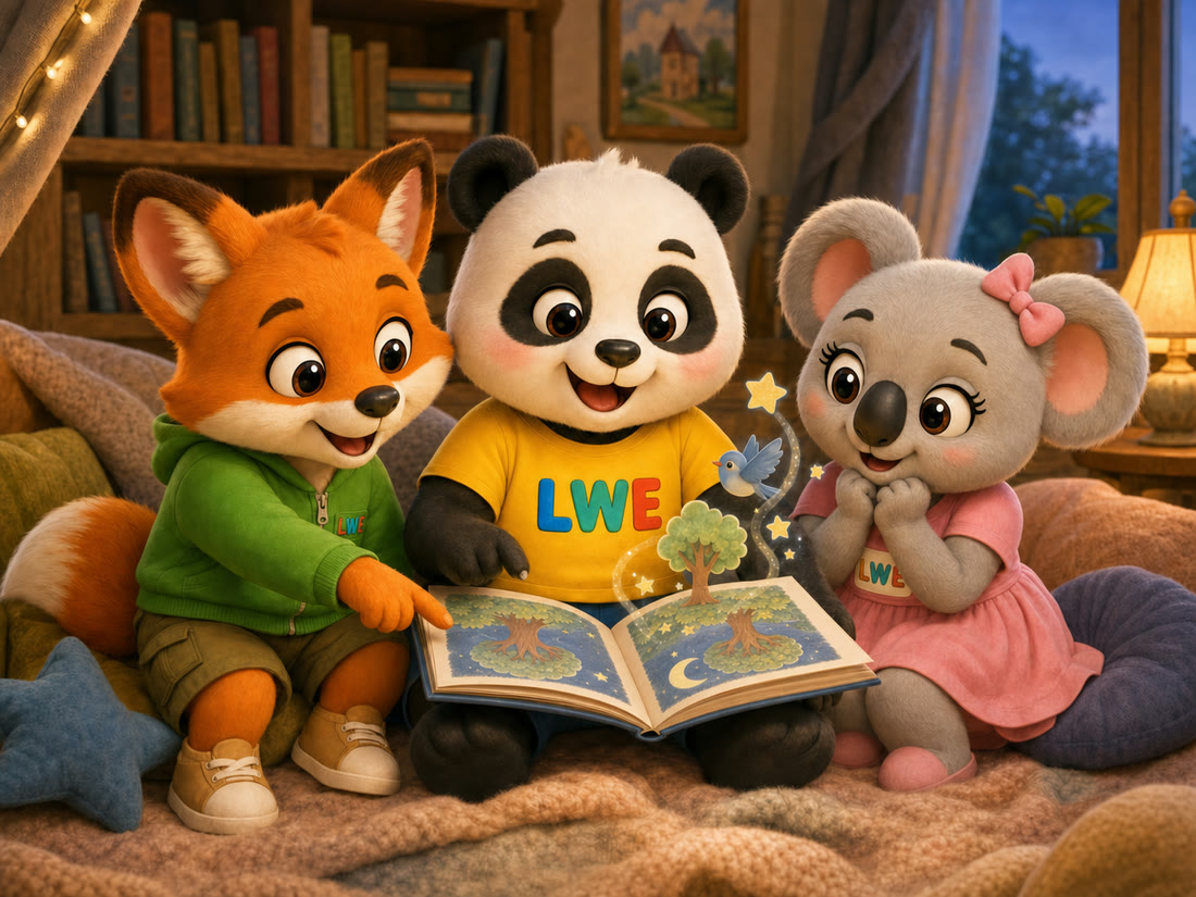 Chubi, Tin, and Mira reading a picture story together