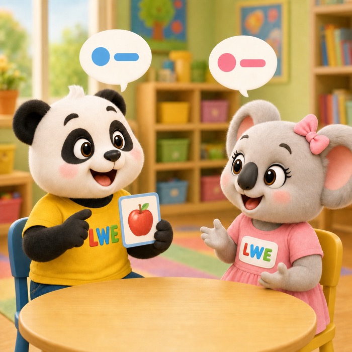 Chubi and Mira practice speaking a sentence about an apple