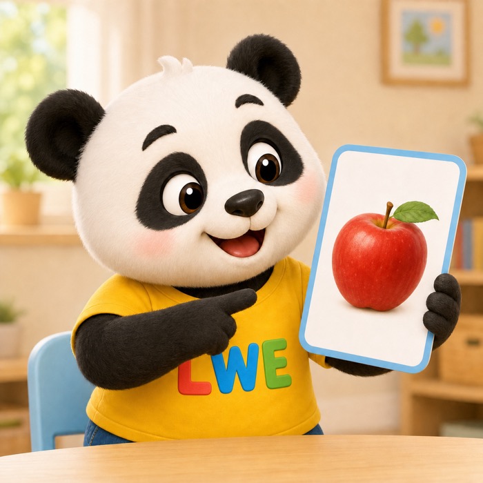 Chubi points to an apple picture card during a vocabulary lesson
